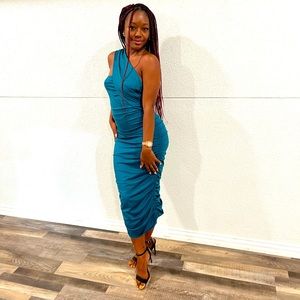 One shoulder midi dress with ruched bodycon drawstring